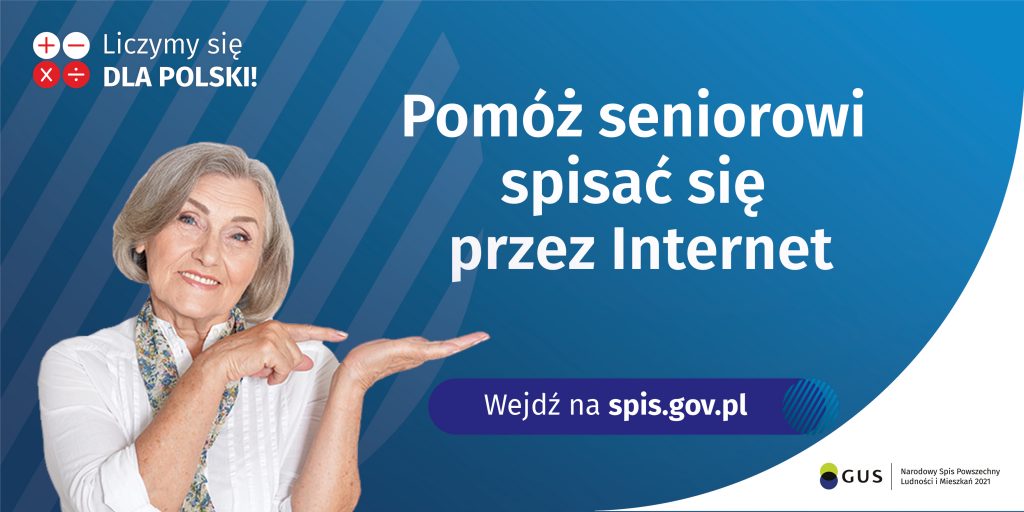 Na banerze po lewej stronie widnie kobieta, natomiast po prawej napis Pomoż seniorowi spisać się przez internet napis w kolorze białym wszystko na niebieskim tle
