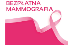 Obraz podzielony na dwie część różową wstążką, w górnej na białym tle różowy napis "Bezpłatna mammografia", dolna część zabarwiona na czerwono